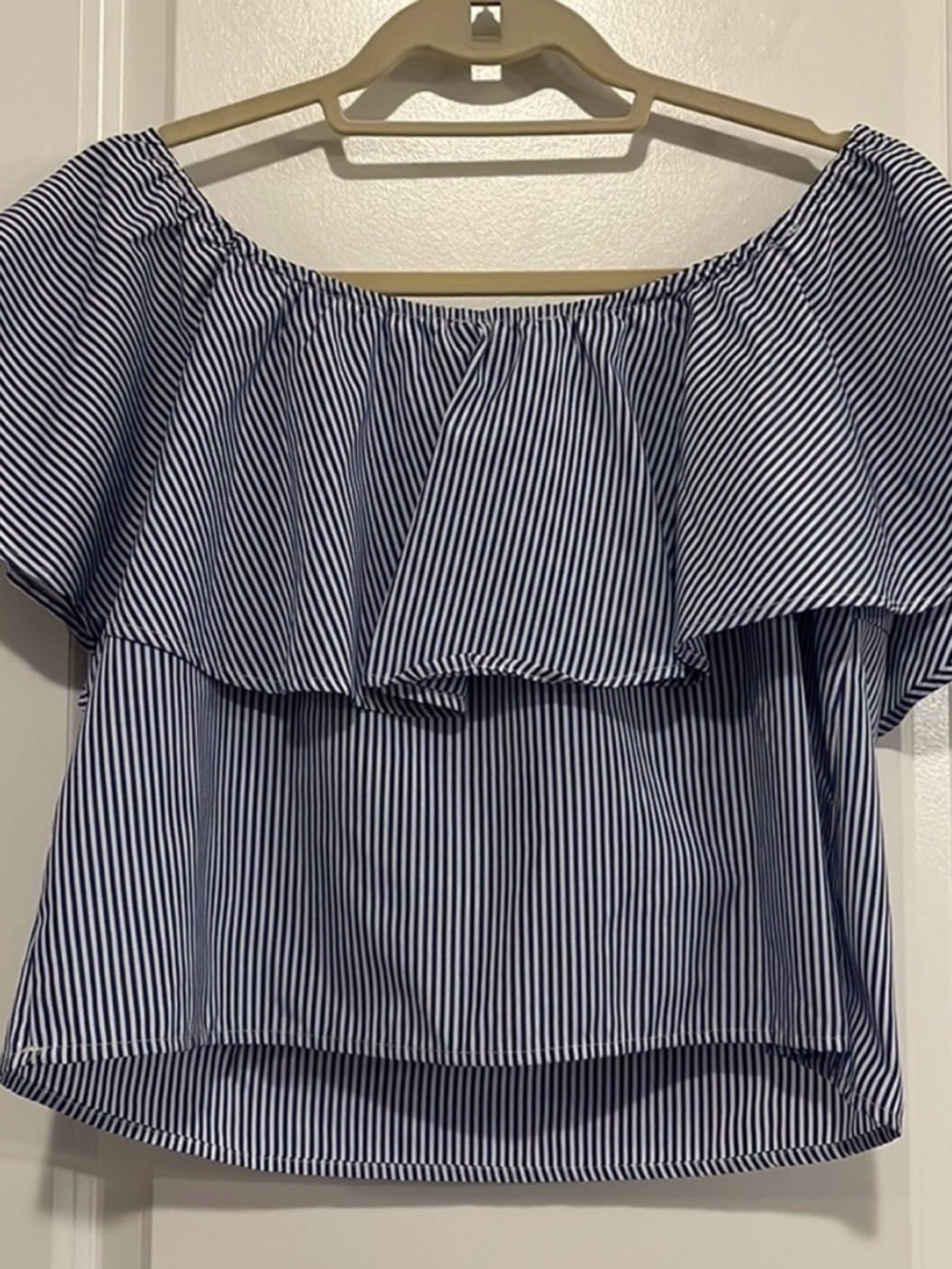 Forever 21 Navy and White Striped Off-Shoulder Ruffle Crop Top